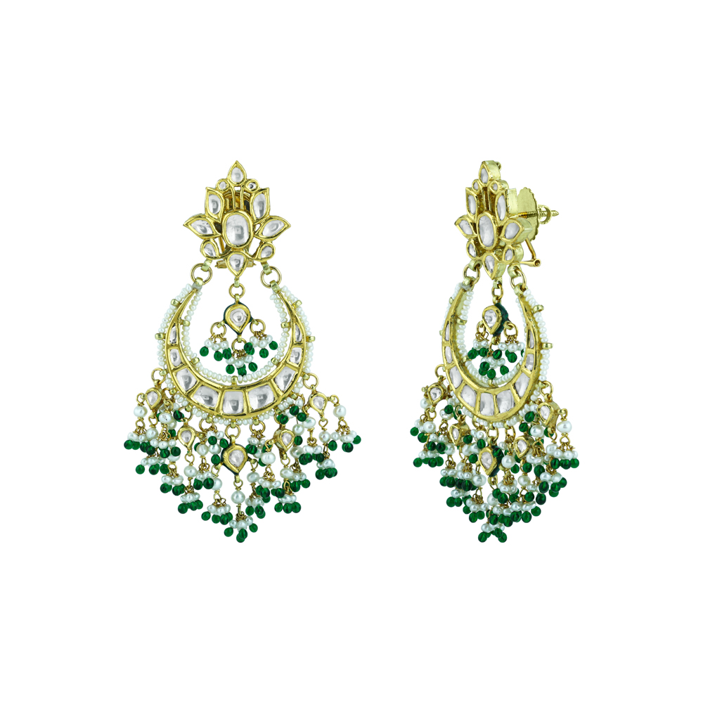 Chandbali Earrings with Polki, Green Beads, and Pearls